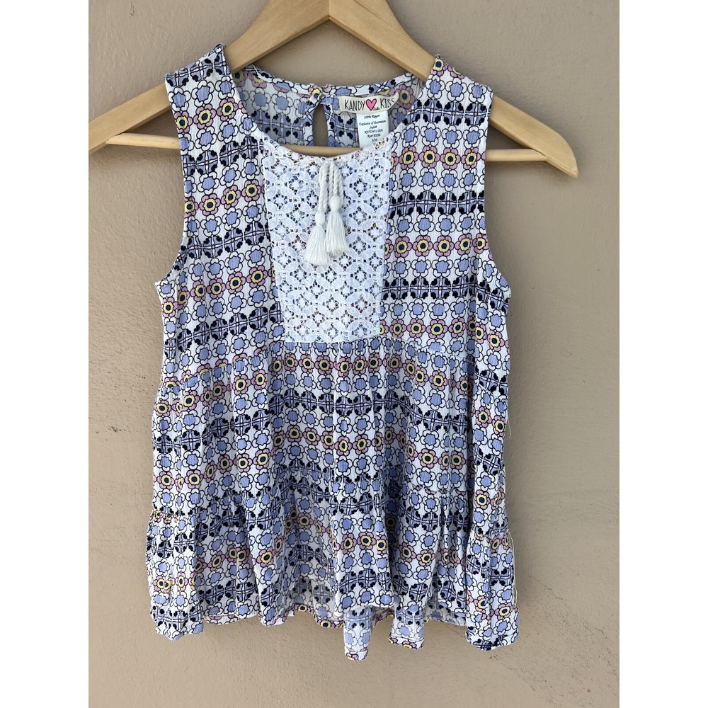 Kandy Kiss Girls Large Boho Sleeveless Tiered Peplum Top Purple Floral Crochet L